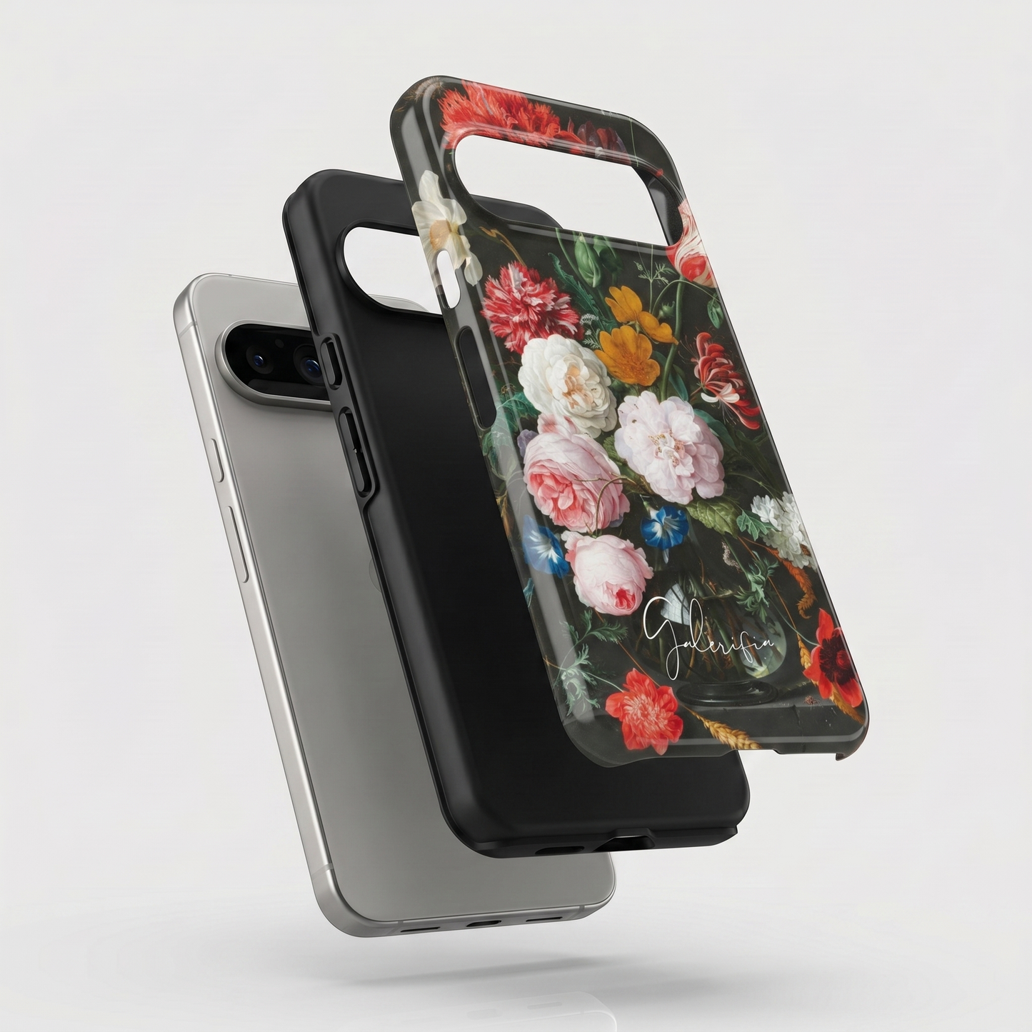 Exploded view of tough Google Pixel case featuring Still Life with Flowers in a Glass Vase by Rachel Ruysch artwork