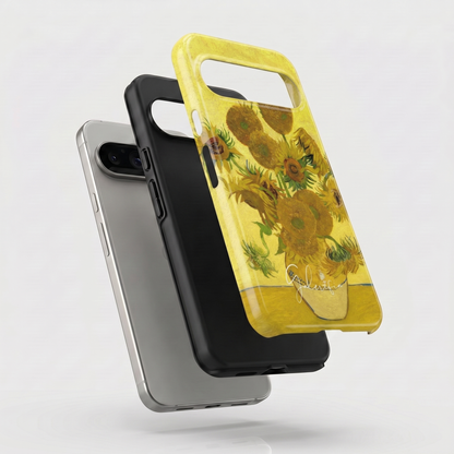 Exploded view of tough Google Pixel case featuring Sunflowers by Vincent van Gogh artwork
