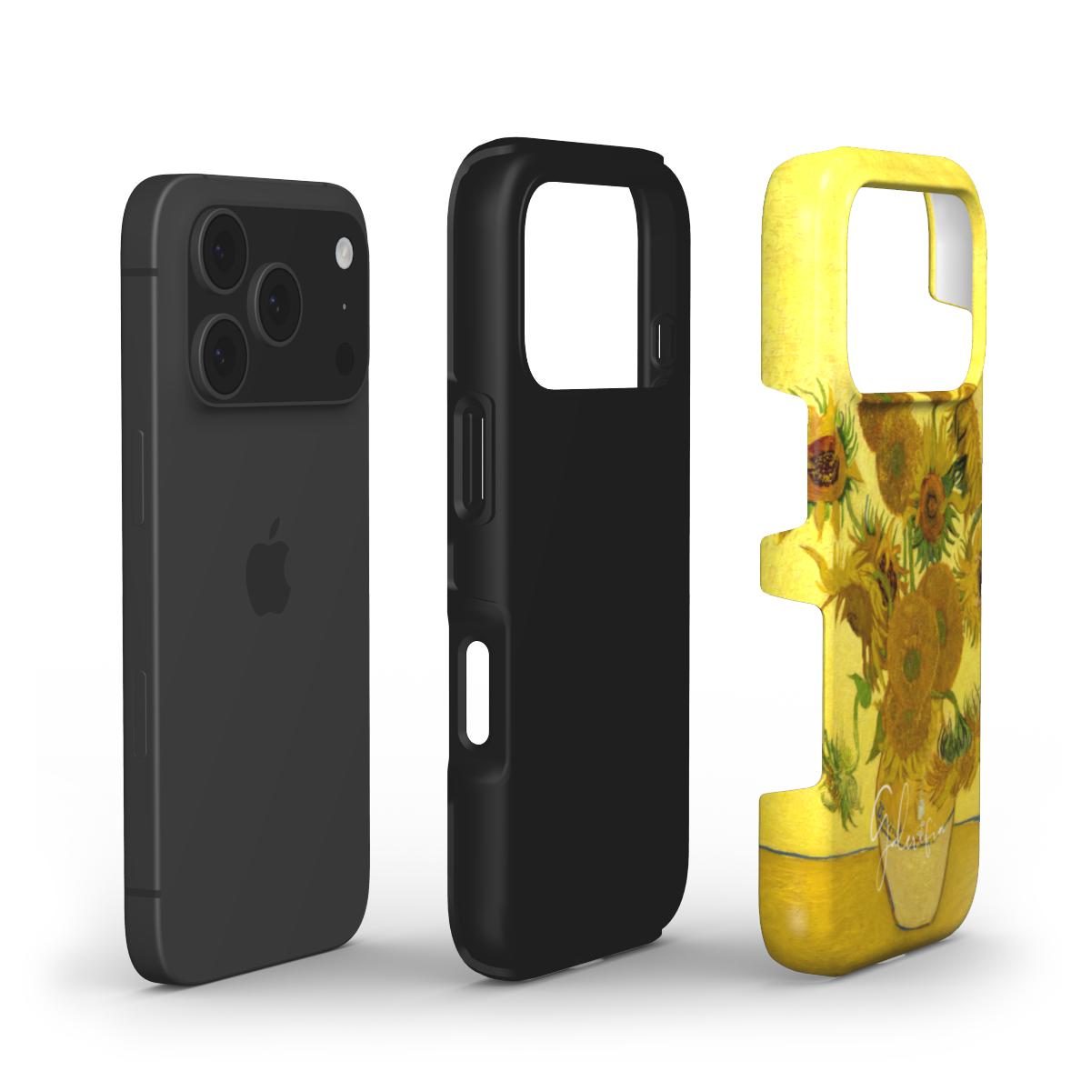 Exploded view of Galerifia tough iPhone case featuring Sunflowers by Vincent van Gogh with dual layer protective construction.