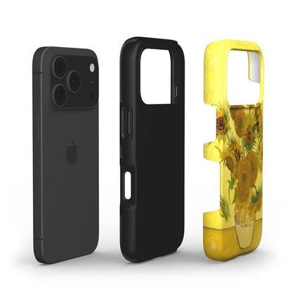 Exploded view of Galerifia tough iPhone case featuring Sunflowers by Vincent van Gogh with dual layer protective construction.