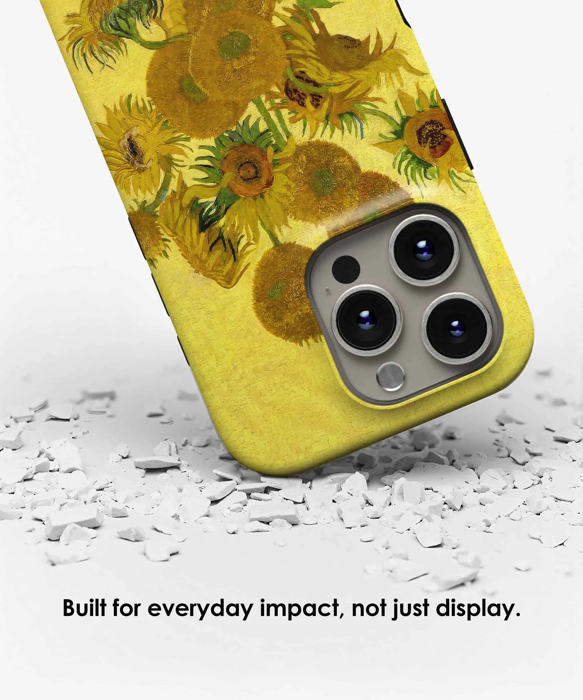 Protective tough iPhone case featuring Sunflowers by Vincent van Gogh displayed with impact resistant design by Galerifia.