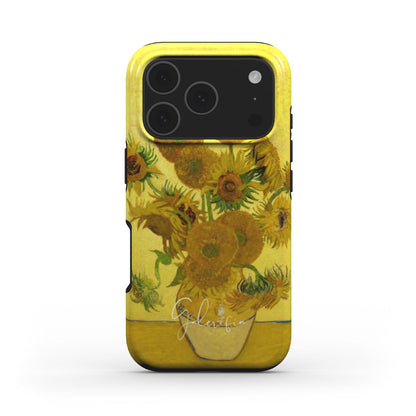 Front view of Sunflowers by Vincent van Gogh fine art iPhone case featuring vibrant yellow floral artwork by Galerifia.