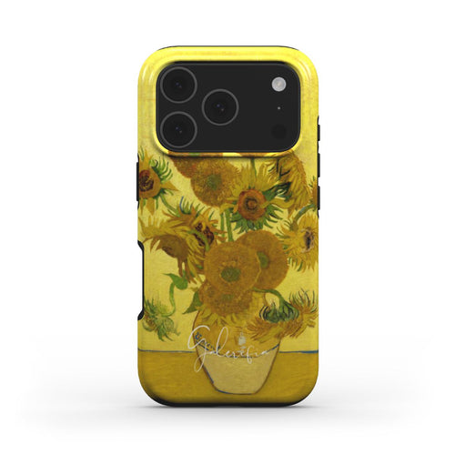 Front view of Sunflowers by Vincent van Gogh fine art iPhone case featuring vibrant yellow floral artwork by Galerifia.