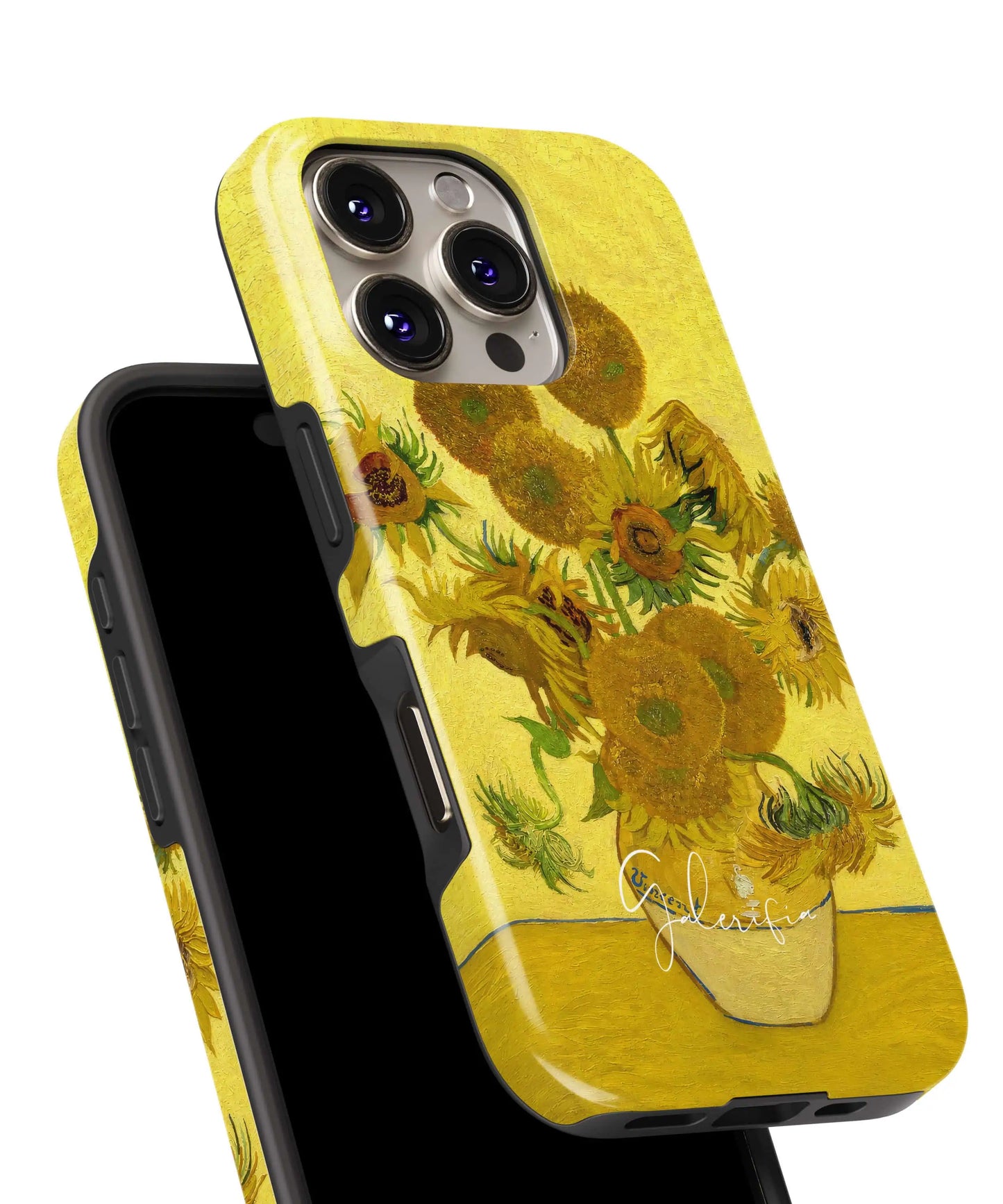 Glossy close-up of Sunflowers by Vincent van Gogh art iPhone case showing rich brush textures and bright floral details by Galerifia.