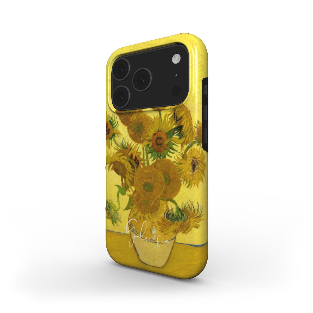 Side angle product render of Sunflowers by Vincent van Gogh printed on a premium tough iPhone case by Galerifia.
