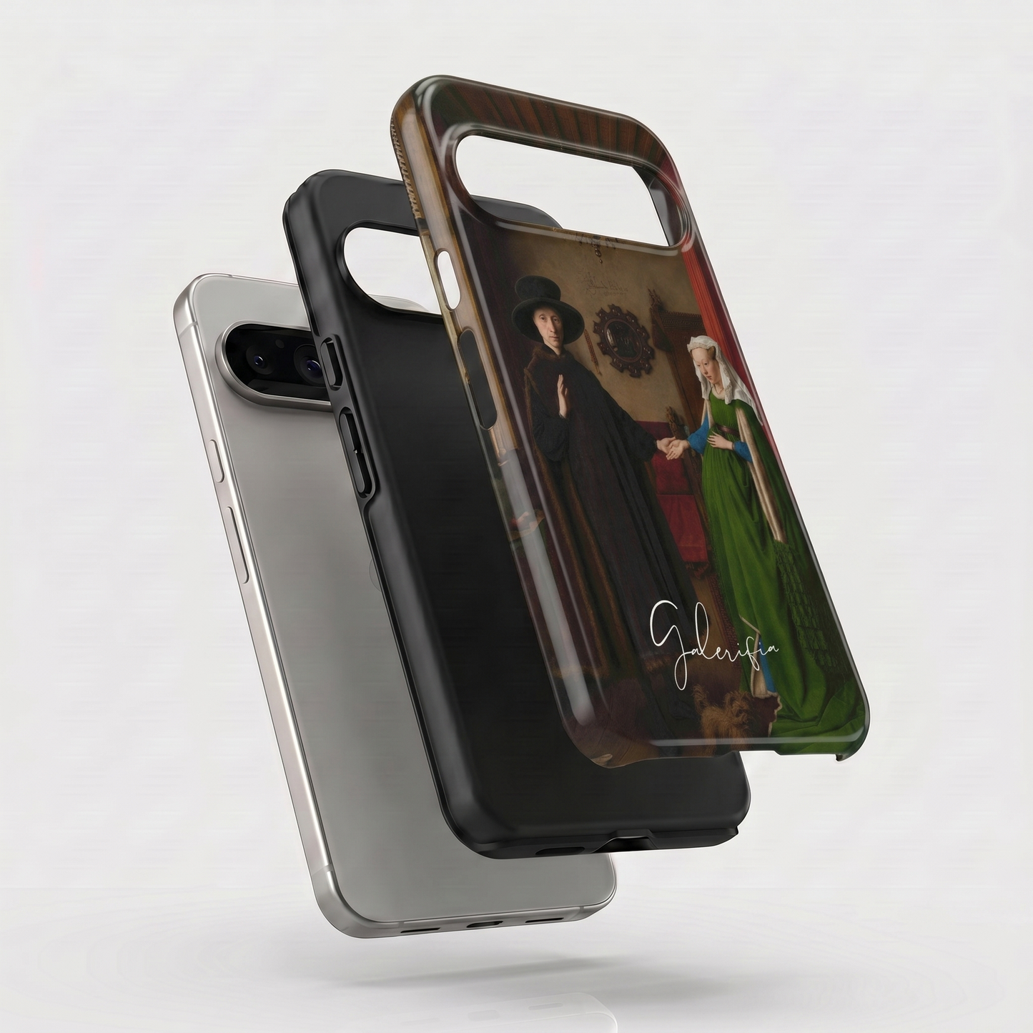 Exploded view of tough Google Pixel case featuring The Arnolfini Portrait by Jan van Eyck artwork