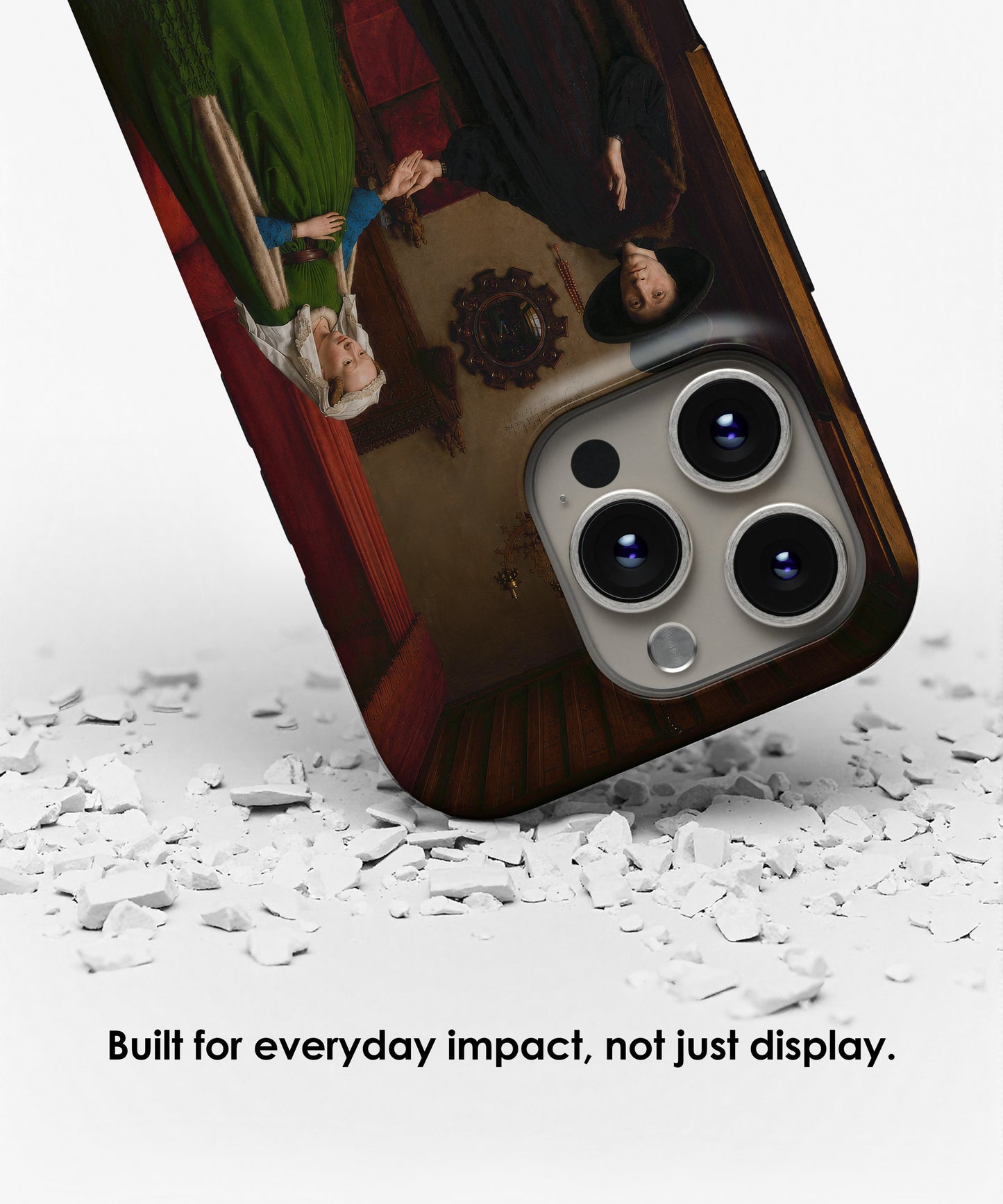 Protective tough iPhone case featuring The Arnolfini Portrait by Jan van Eyck displayed with impact resistant design by Galerifia.