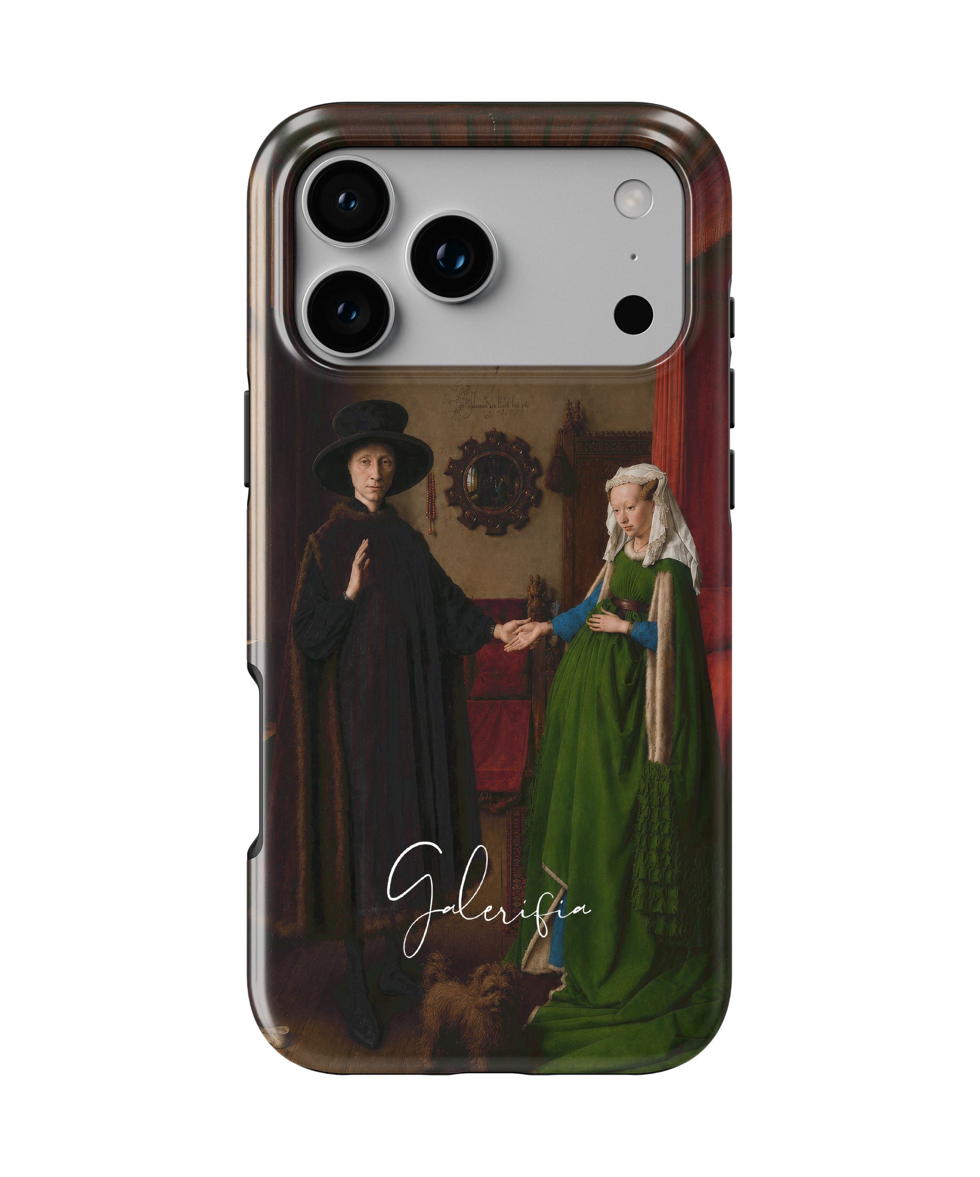 Front view of The Arnolfini Portrait by Jan van Eyck fine art iPhone case featuring iconic Renaissance portrait artwork by Galerifia.