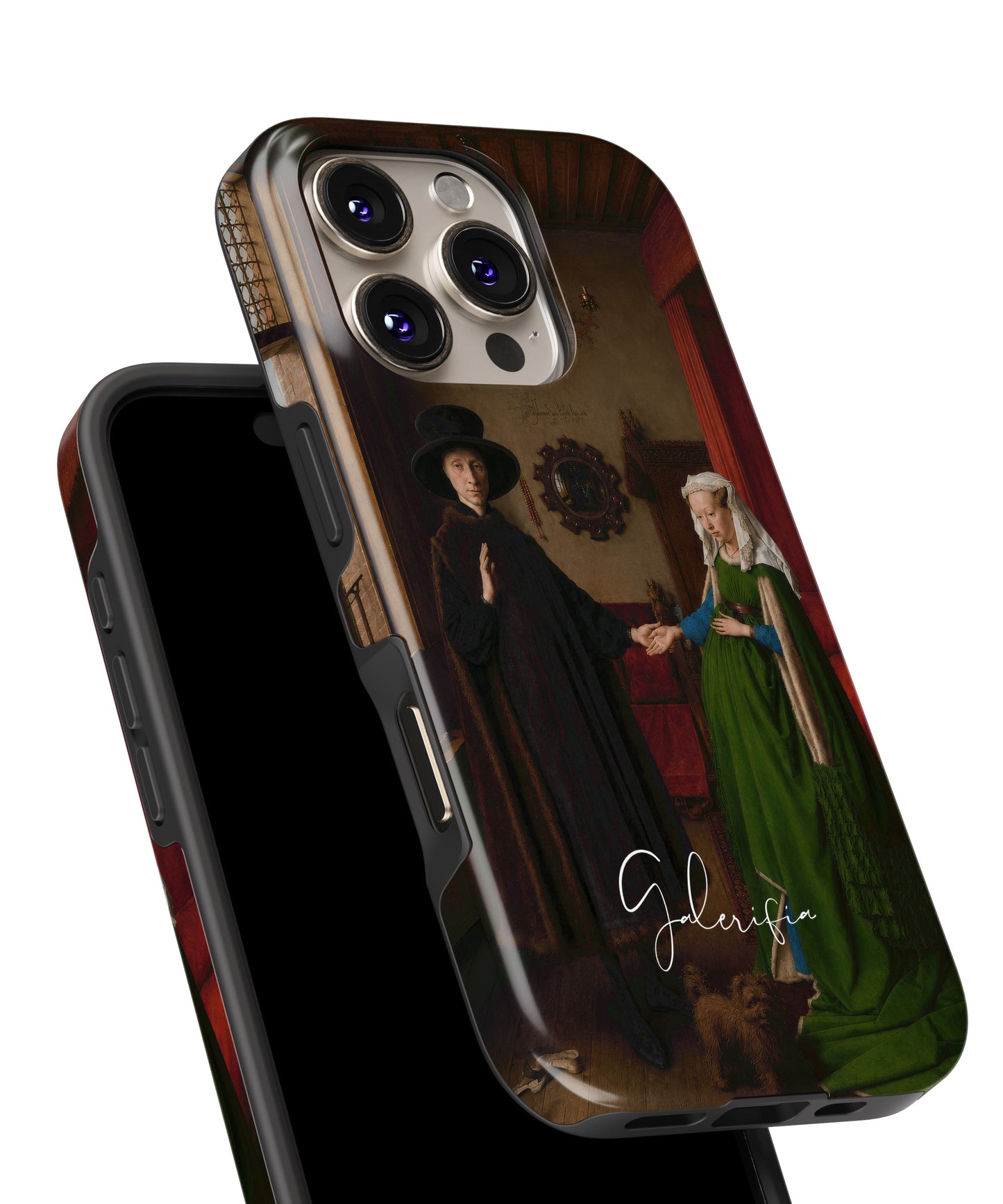Glossy close-up of The Arnolfini Portrait by Jan van Eyck art iPhone case showing detailed Renaissance textures and rich interior details by Galerifia.