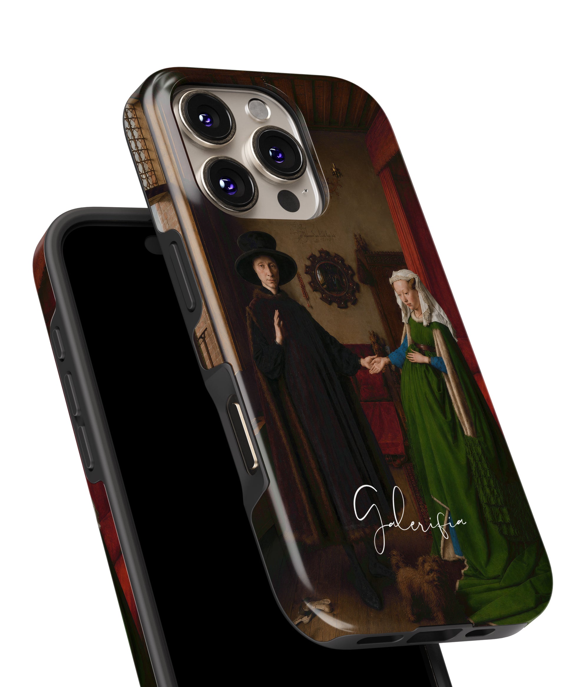 Glossy close-up of The Arnolfini Portrait by Jan van Eyck art iPhone case showing detailed Renaissance textures and rich interior details by Galerifia.