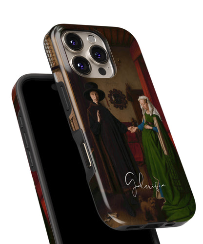 Glossy close-up of The Arnolfini Portrait by Jan van Eyck art iPhone case showing detailed Renaissance textures and rich interior details by Galerifia.