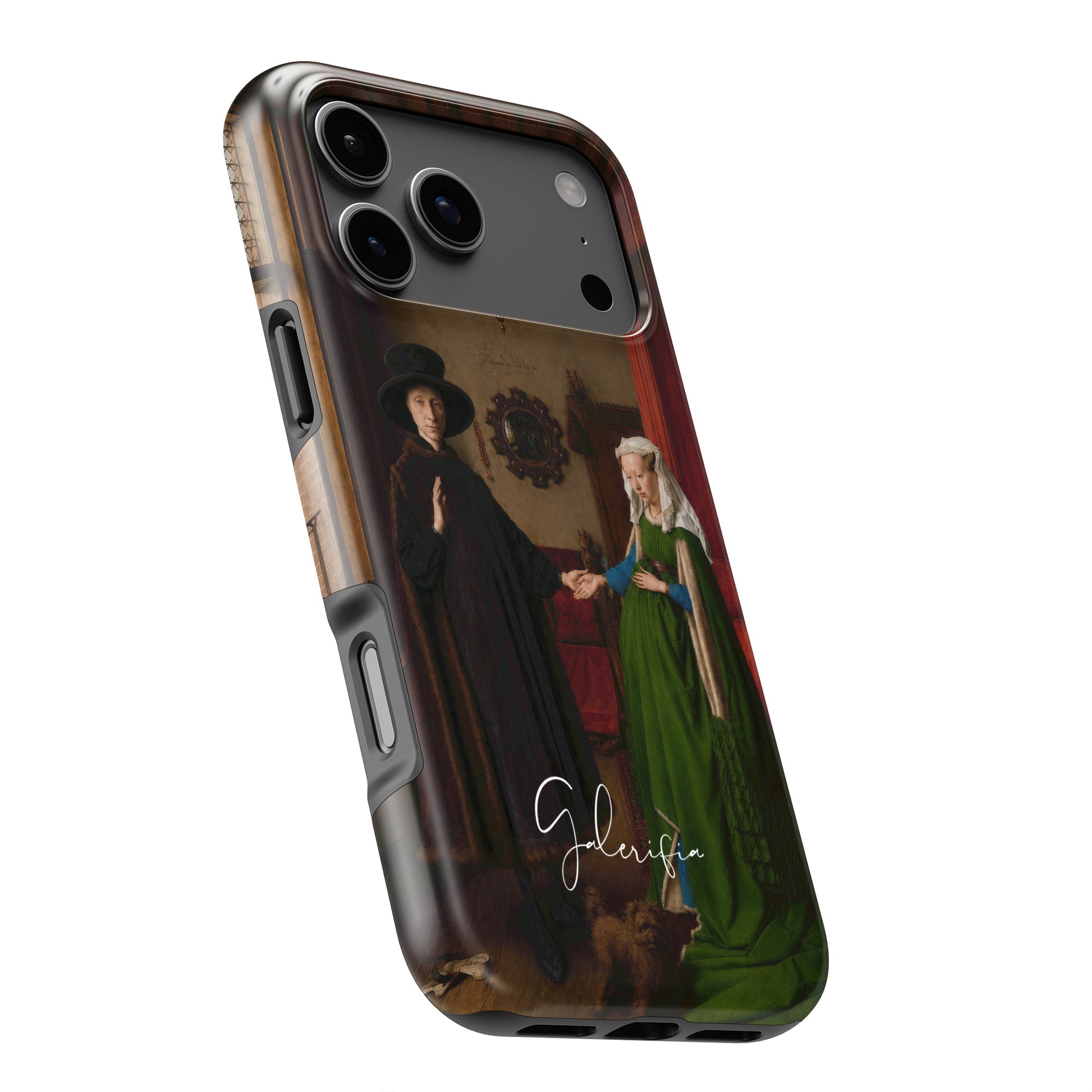Side angle product render of The Arnolfini Portrait by Jan van Eyck printed on a premium tough iPhone case by Galerifia.
