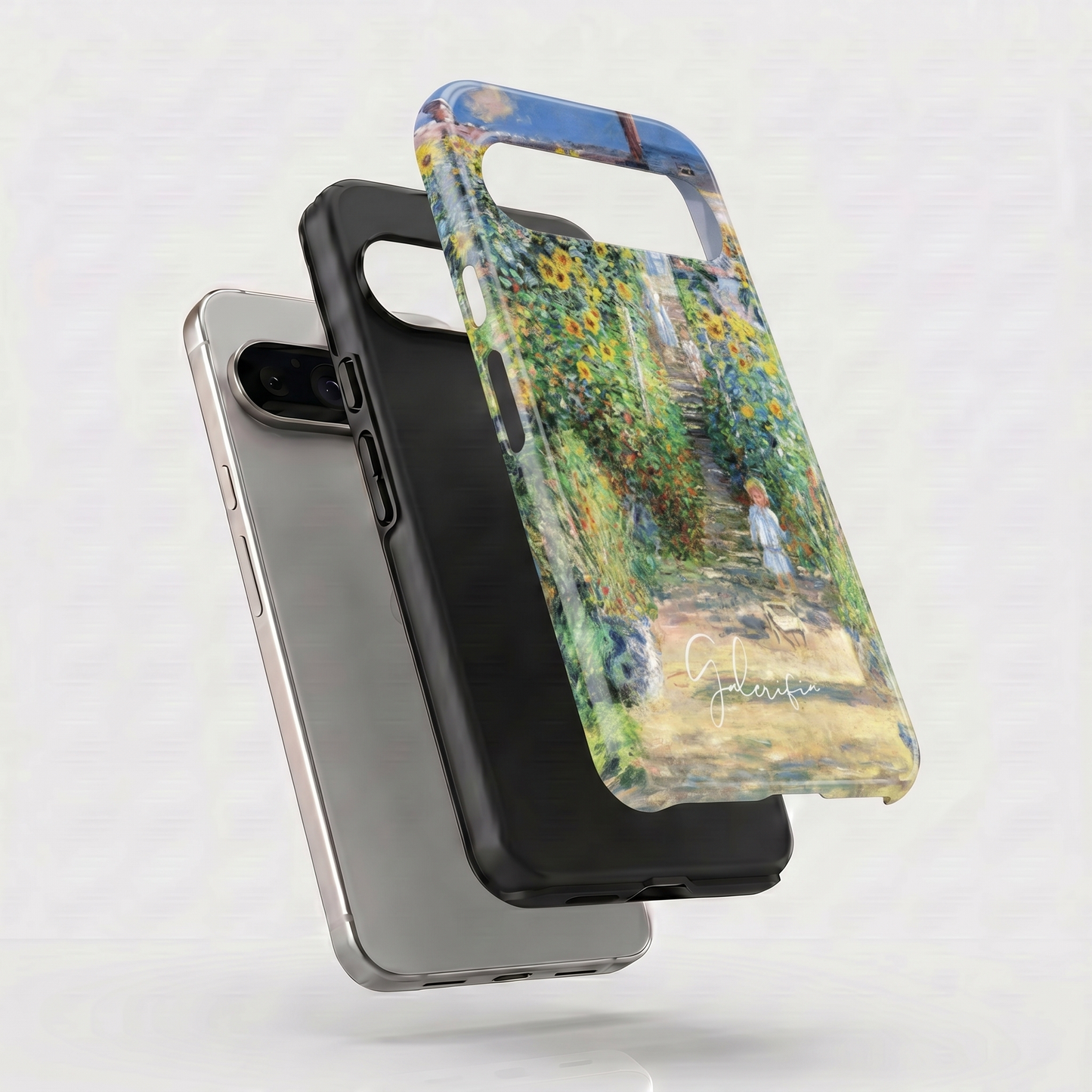 Exploded view of tough Google Pixel case featuring The Artist’s Garden at Vétheuil by Claude Monet artwork
