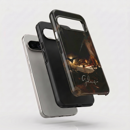 Exploded view of tough Google Pixel case featuring The Black Mass by Martin van Maële artwork