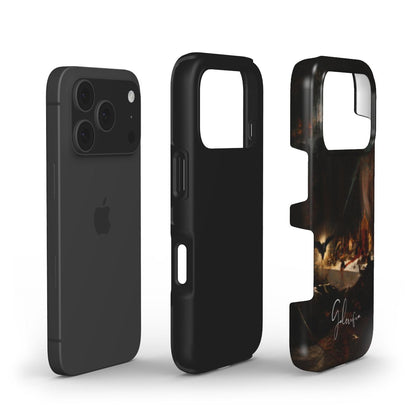 Exploded view of Galerifia tough iPhone case featuring The Black Mass by Martin van Maële with dual layer protective construction.