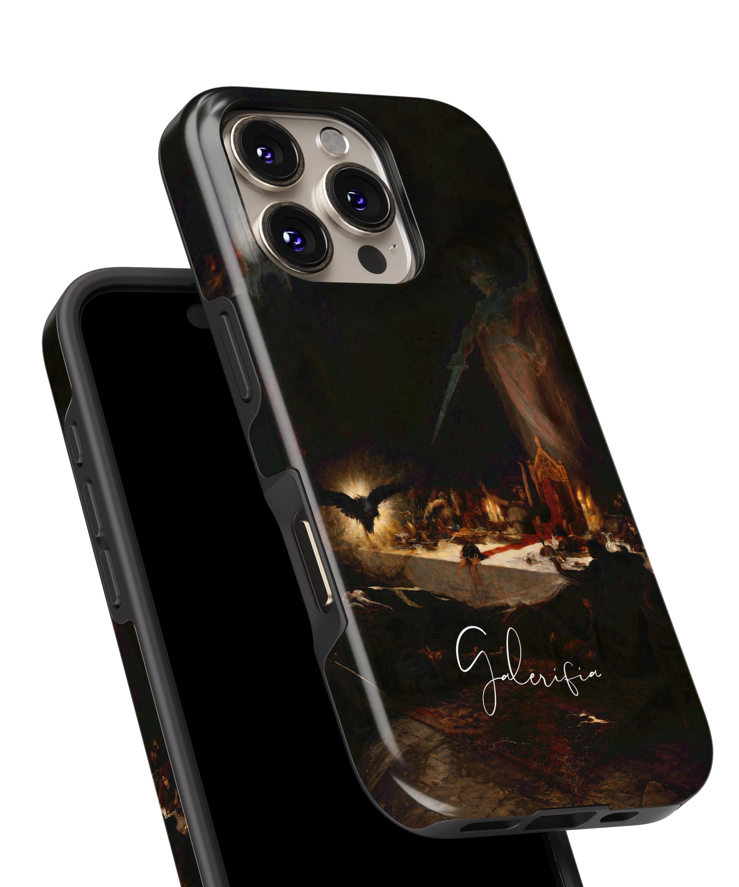 Glossy close-up of The Black Mass by Martin van Maële art iPhone case showing eerie ritual and gothic artwork details by Galerifia.