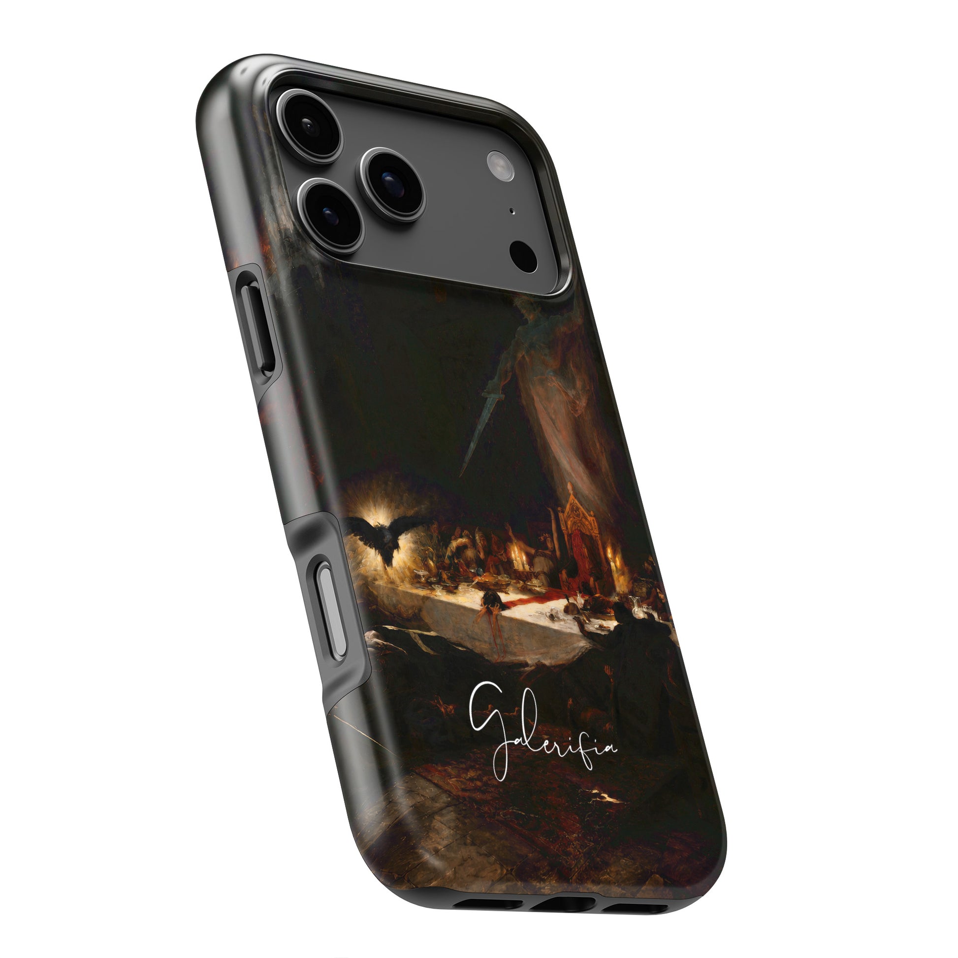Side angle product render of The Black Mass by Martin van Maële printed on a premium tough iPhone case by Galerifia.