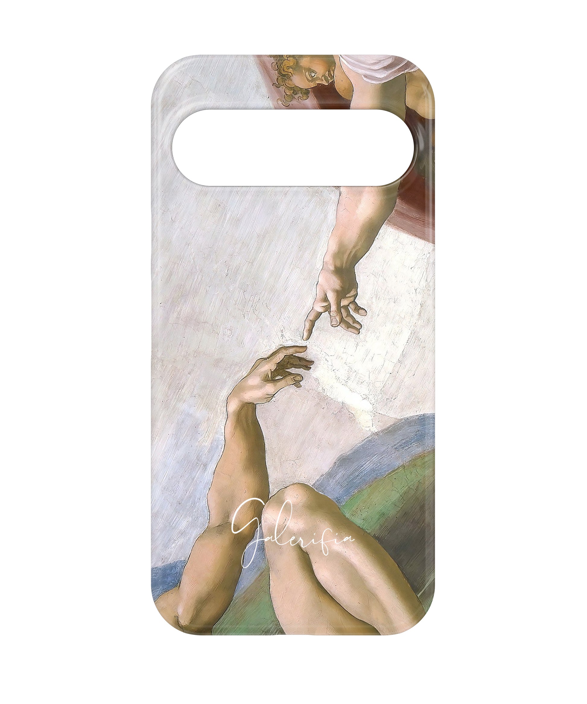 Close-up camera cutout view of The Creation of Adam fresco detail by Michelangelo Google Pixel phone case