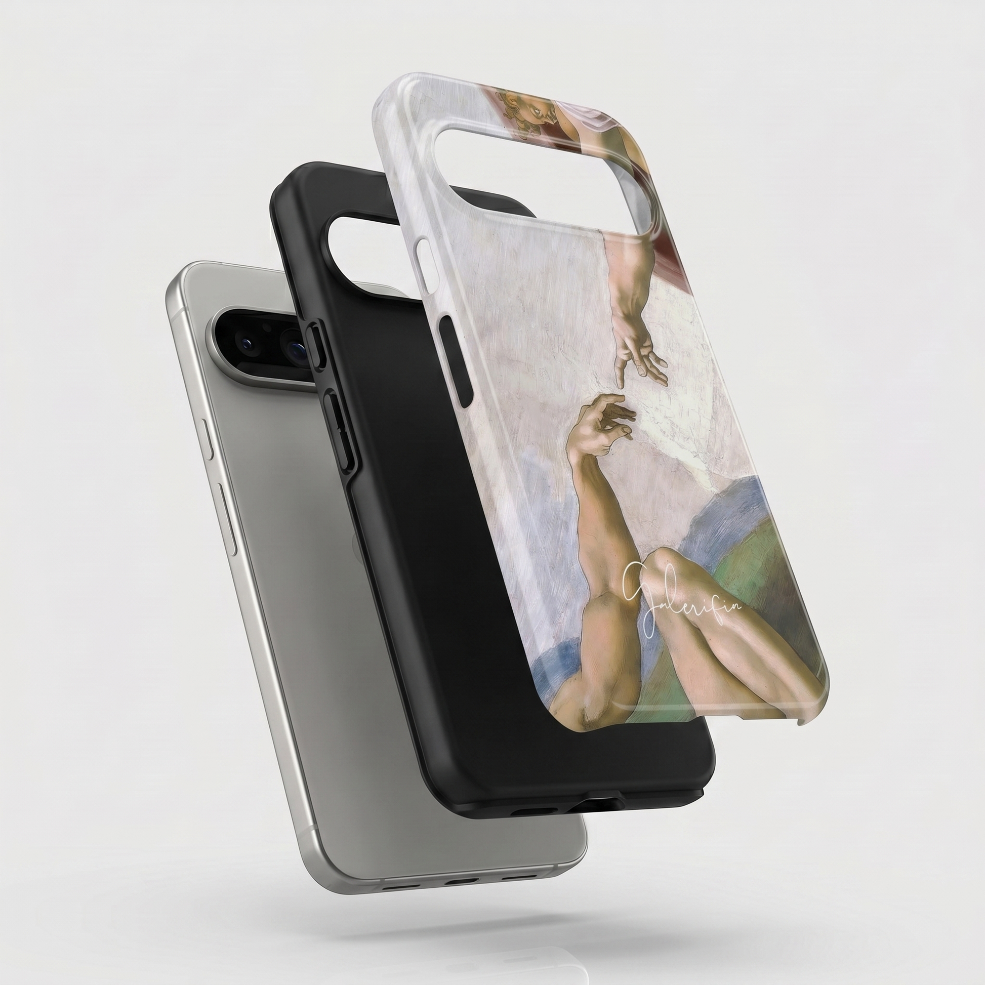 Exploded view of tough Google Pixel case featuring The Creation of Adam fresco detail by Michelangelo artwork