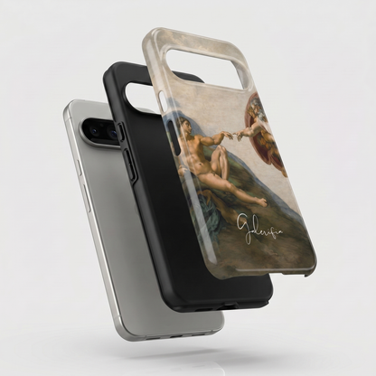 Exploded view of tough Google Pixel case featuring The Creation of Adam by Michelangelo artwork