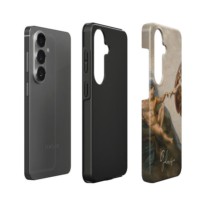 Exploded view of tough Samsung Galaxy case featuring The Creation of Adam by Michelangelo artwork