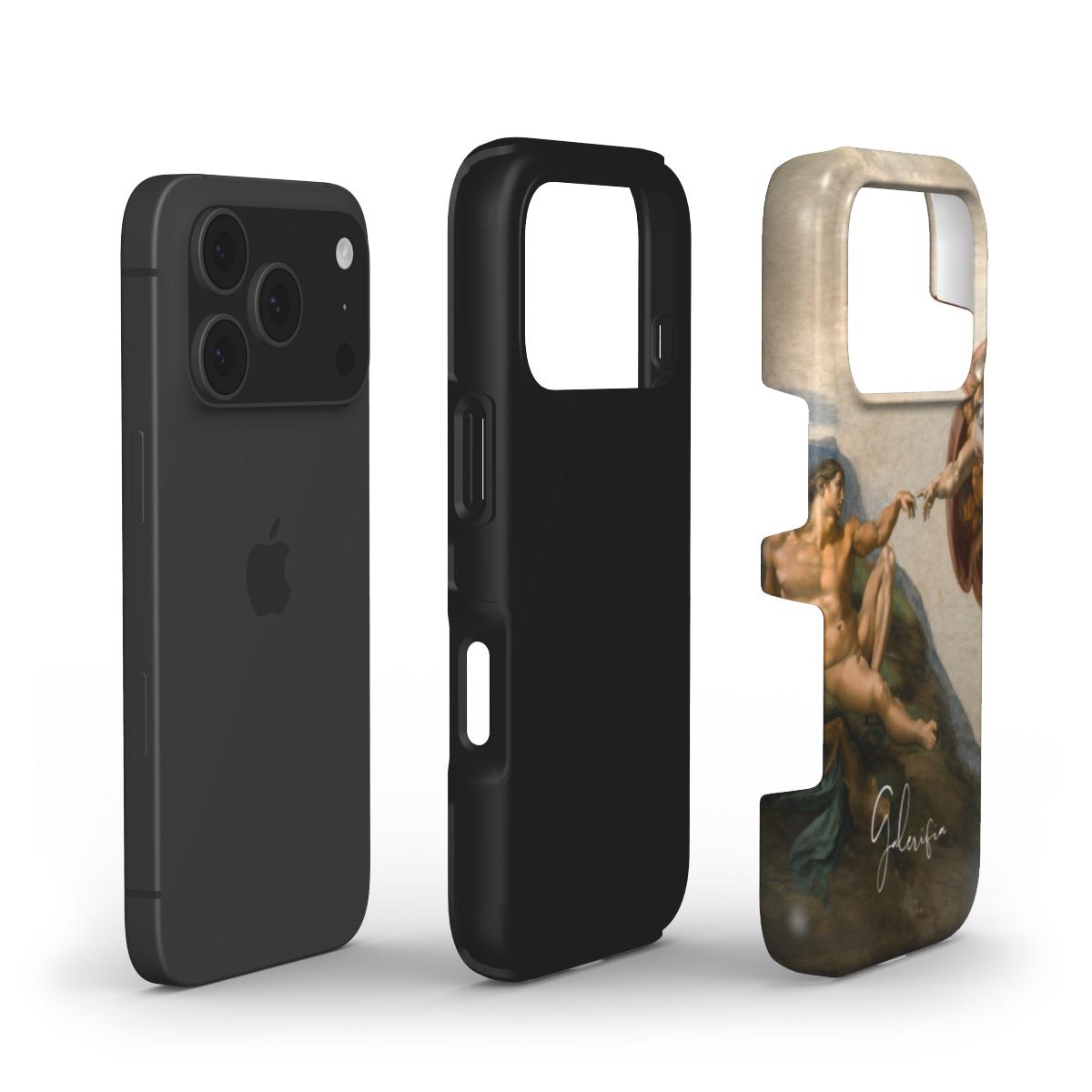 Exploded view of Galerifia tough iPhone case featuring The Creation of Adam by Michelangelo with dual layer protective construction.