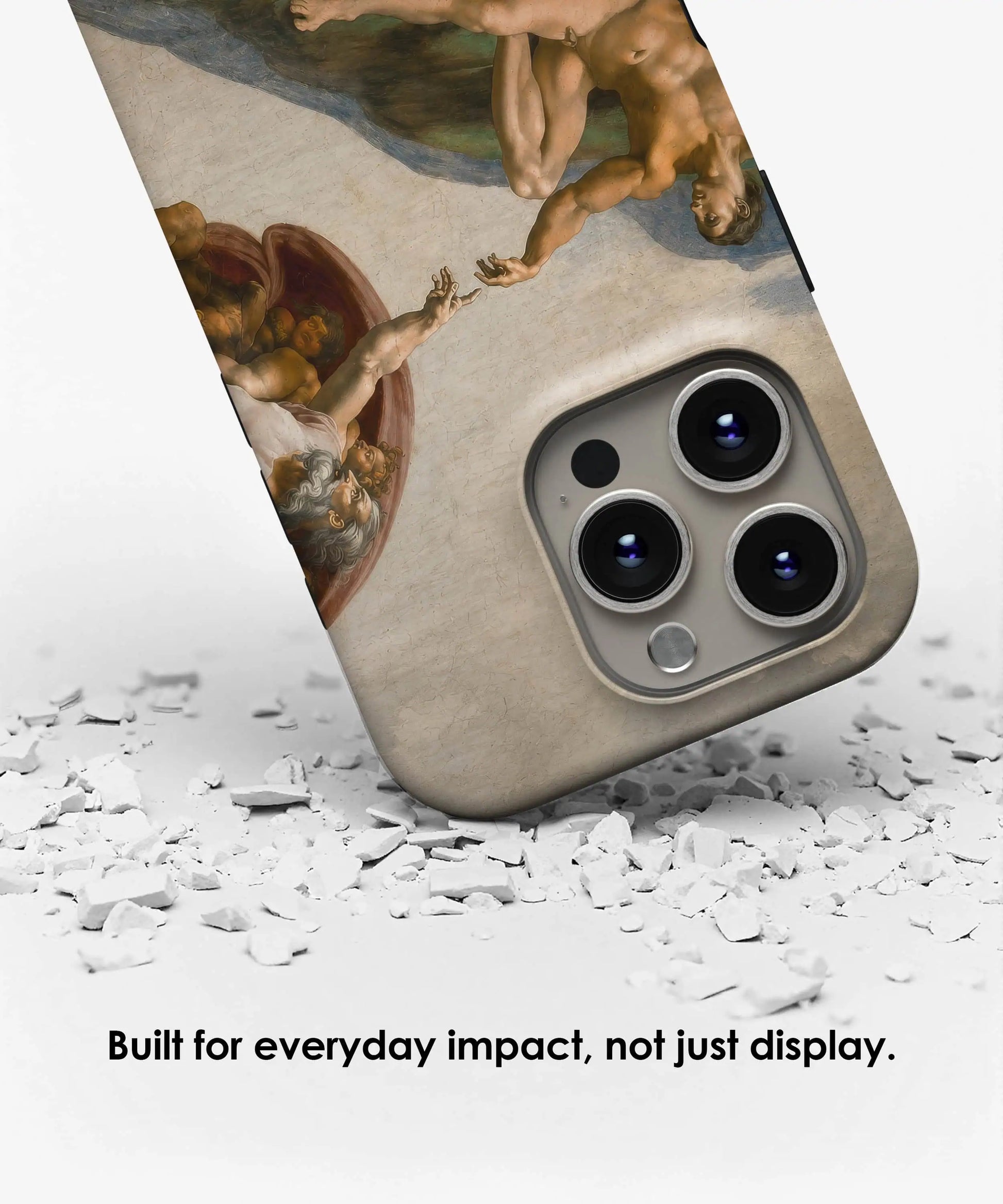 Protective tough iPhone case featuring The Creation of Adam by Michelangelo displayed with impact resistant design by Galerifia.