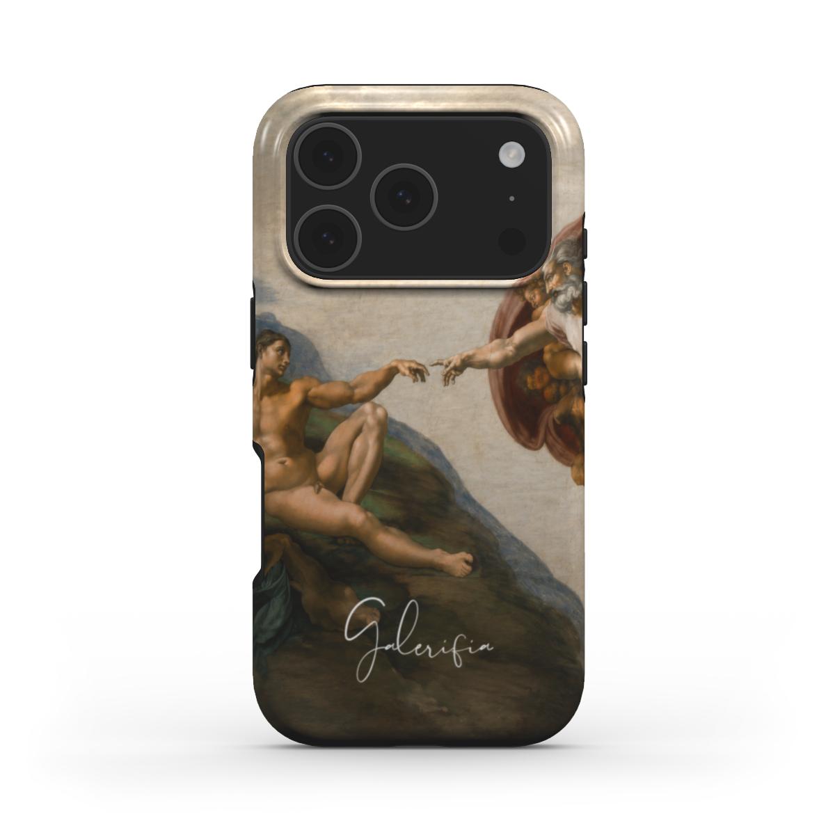 Front view of The Creation of Adam by Michelangelo fine art iPhone case featuring the iconic Sistine Chapel artwork by Galerifia.