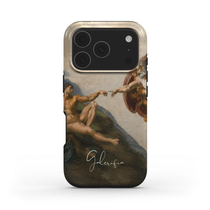 Front view of The Creation of Adam by Michelangelo fine art iPhone case featuring the iconic Sistine Chapel artwork by Galerifia.