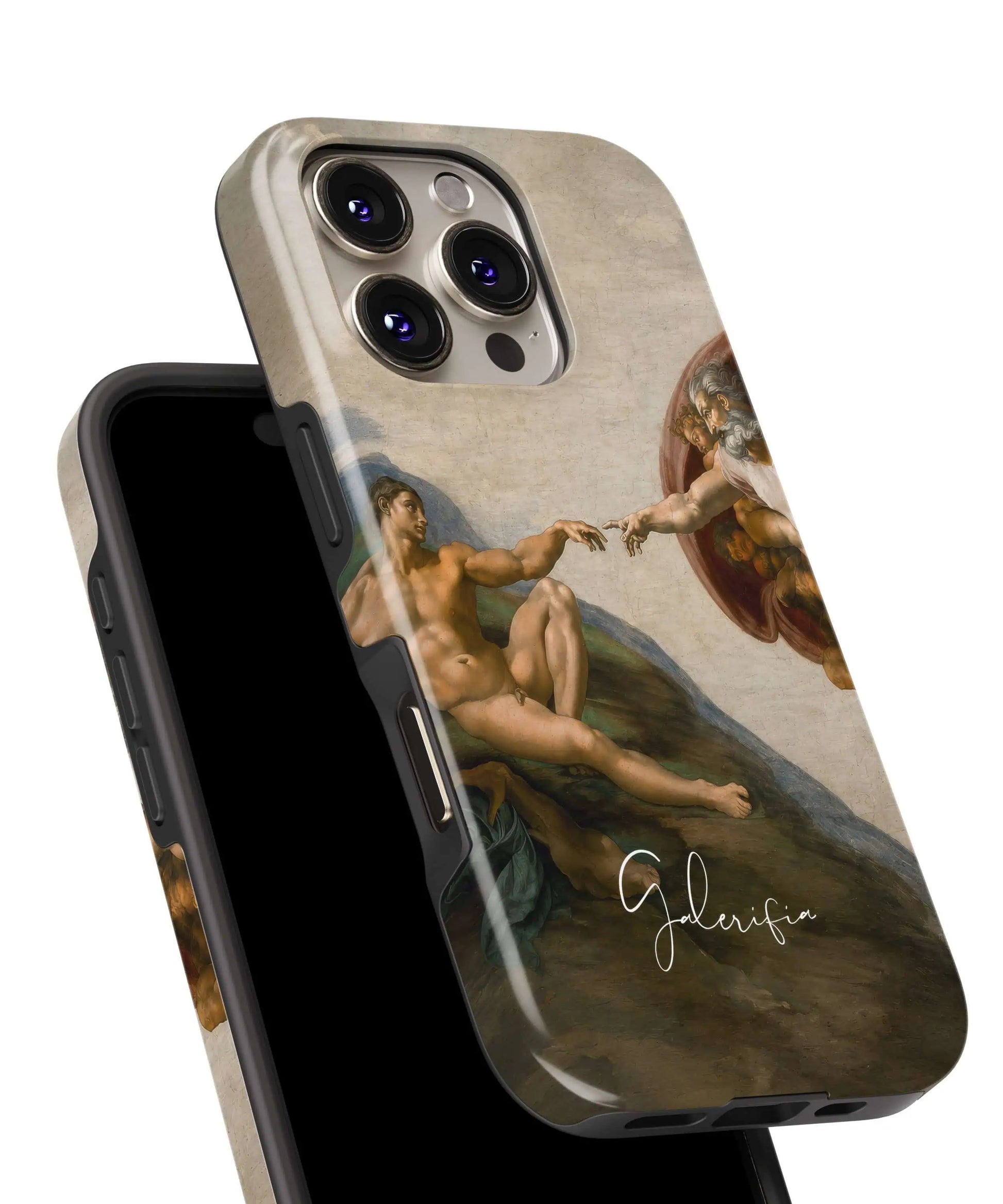 Glossy close-up of The Creation of Adam by Michelangelo art iPhone case showing detailed Renaissance painting textures by Galerifia.
