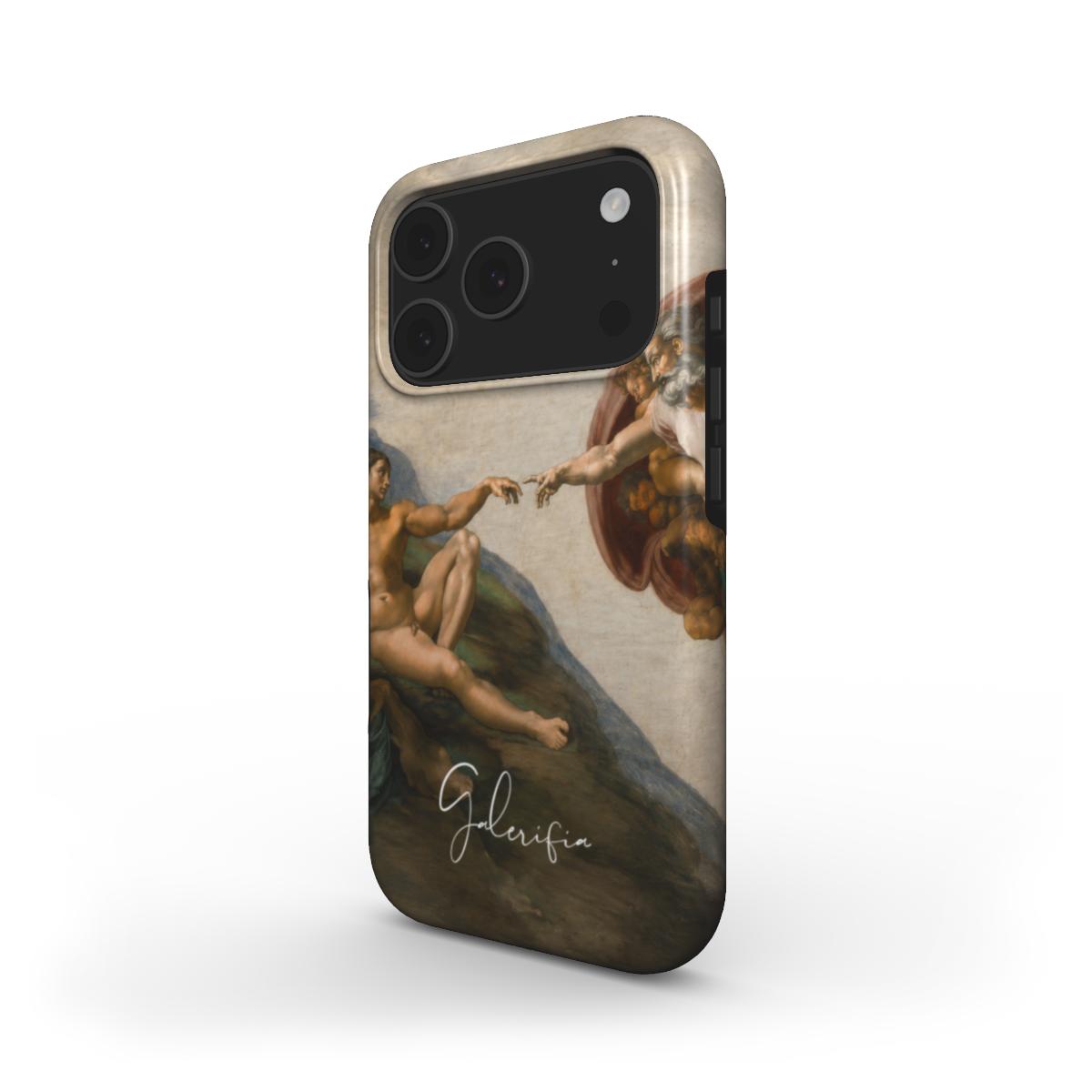 Side angle product render of The Creation of Adam by Michelangelo printed on a premium tough iPhone case by Galerifia.