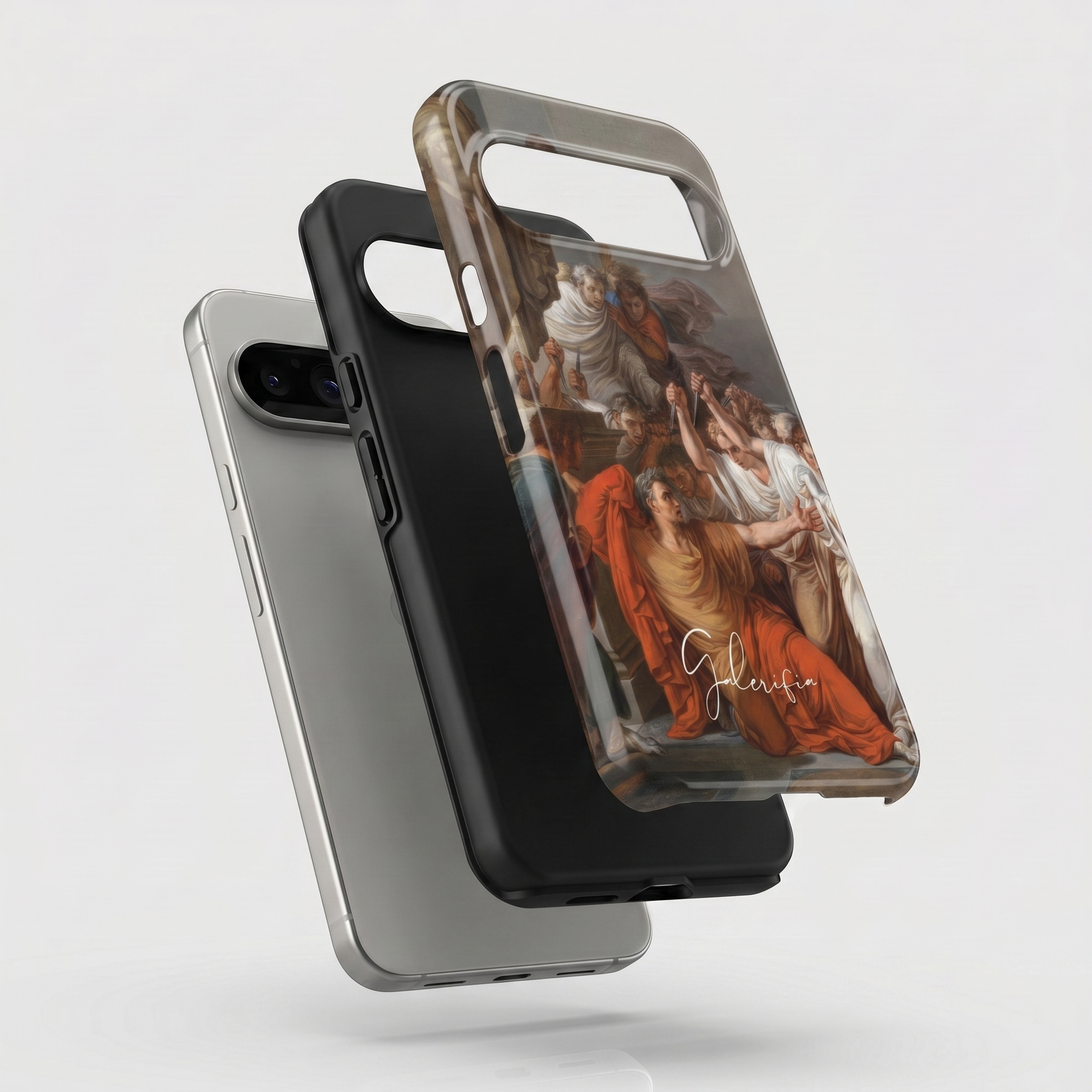 Exploded view of tough Google Pixel case featuring The Death of Julius Caesar by Vincenzo Camuccini artwork