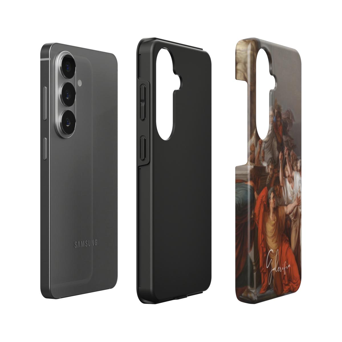 Exploded view of tough Samsung Galaxy case featuring The Death of Julius Caesar by Vincenzo Camuccini artwork