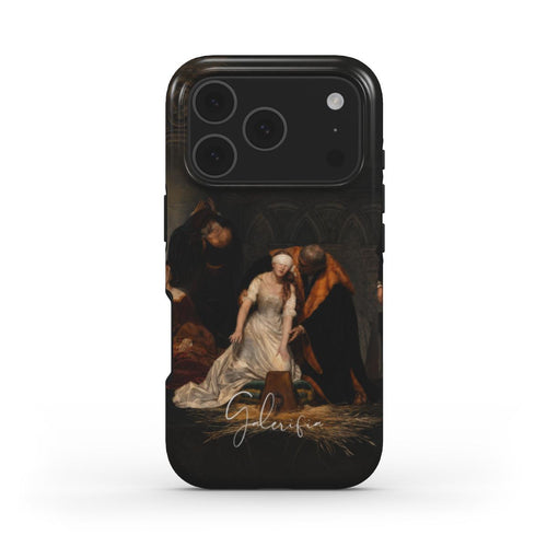 Front view of The Execution of Lady Jane Grey by Paul Delaroche fine art iPhone case featuring dramatic historical artwork by Galerifia.
