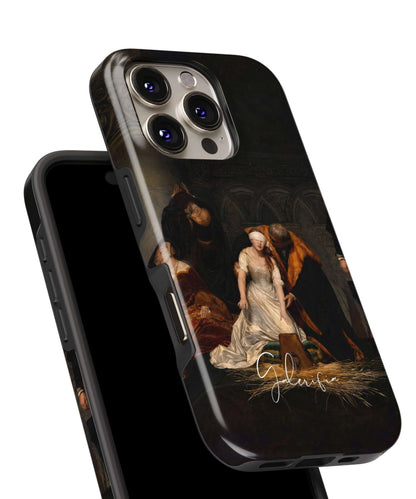 Glossy close-up of The Execution of Lady Jane Grey by Paul Delaroche art iPhone case showing dramatic lighting and historical painting details by Galerifia.