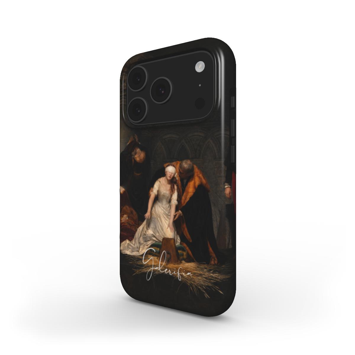 Side angle product render of The Execution of Lady Jane Grey by Paul Delaroche printed on a premium tough iPhone case by Galerifia.
