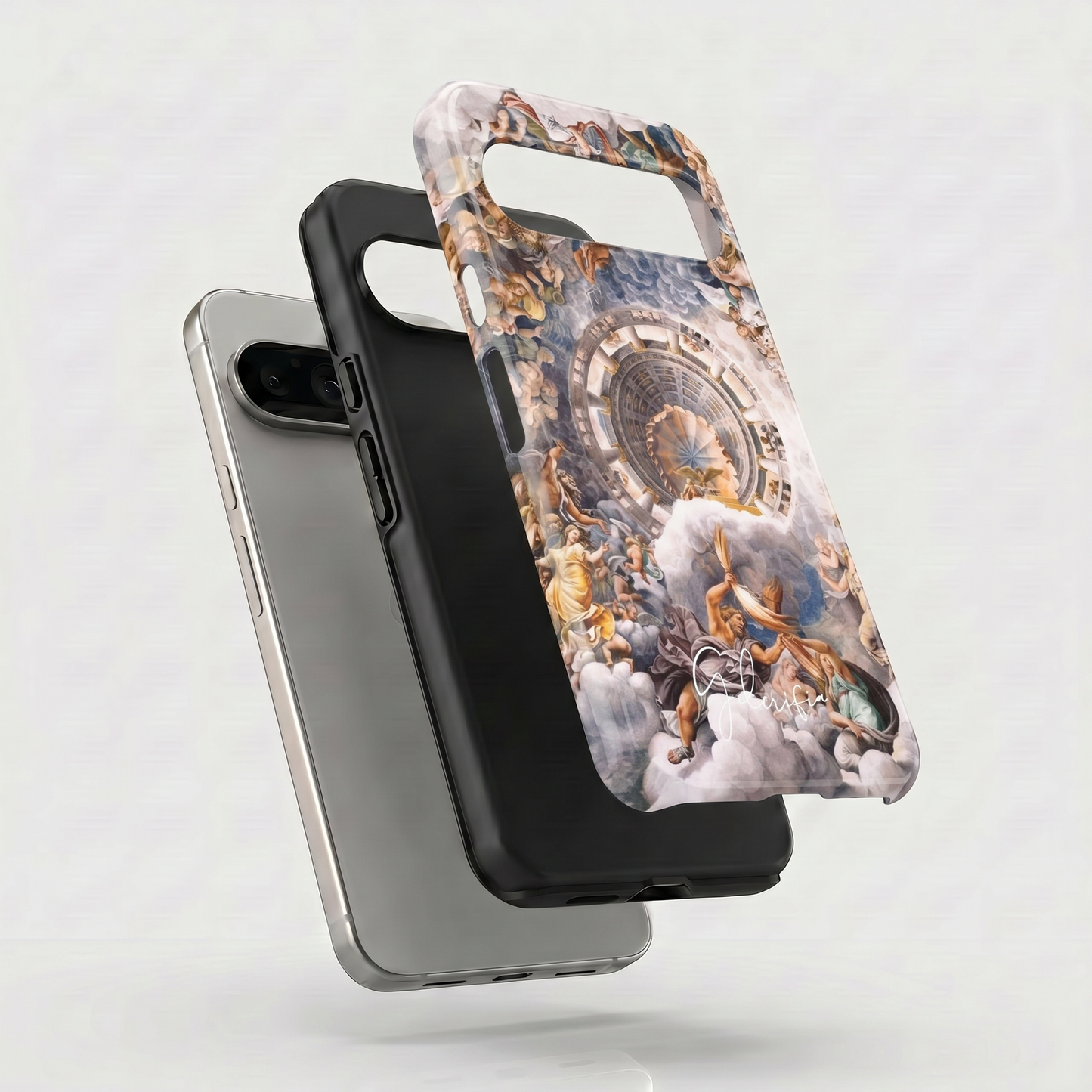 Exploded view of tough Google Pixel case featuring The Fall of the Giants by Giulio Romano artwork