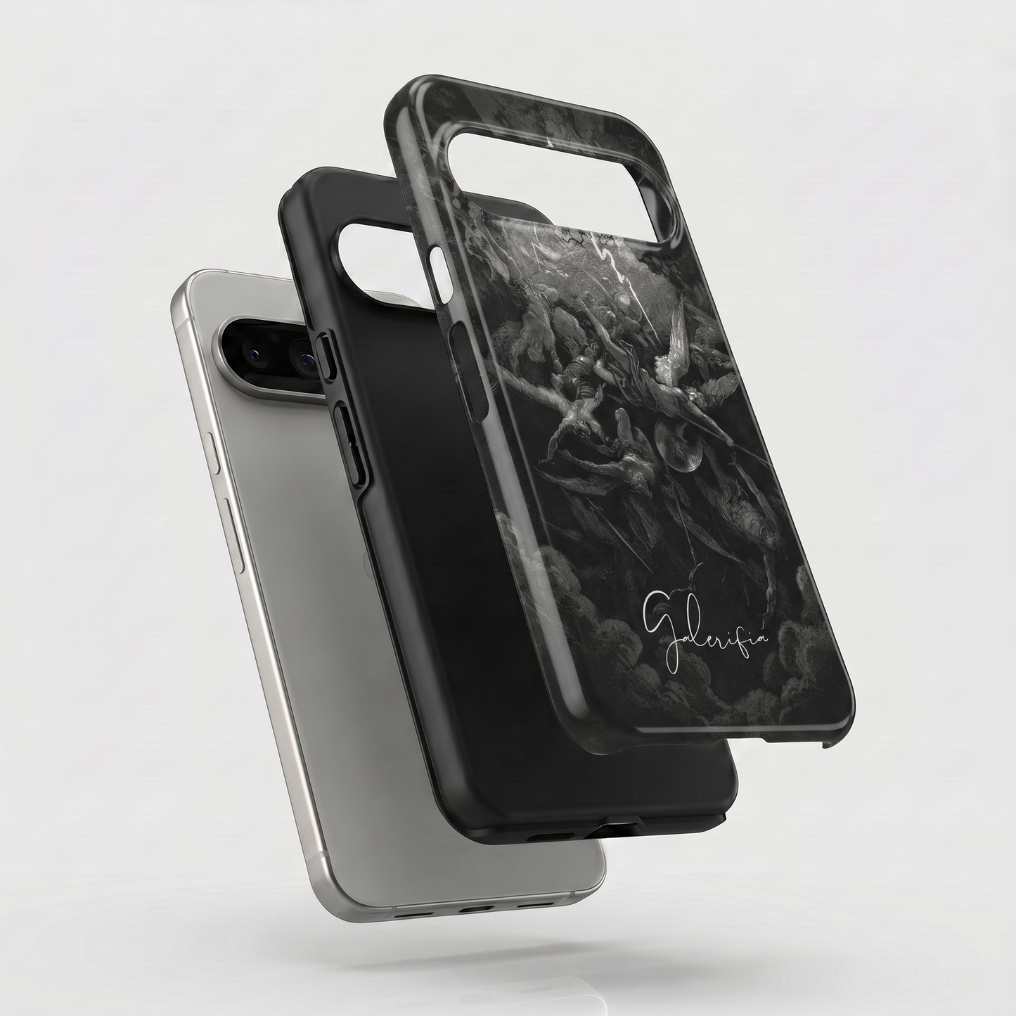 Exploded view of tough Google Pixel case featuring The Fall of the Rebel Angels by Gustave Doré artwork