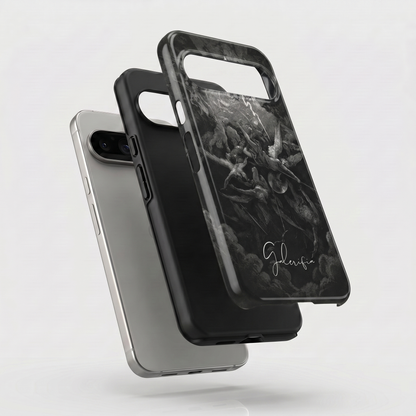Exploded view of tough Google Pixel case featuring The Fall of the Rebel Angels by Gustave Doré artwork