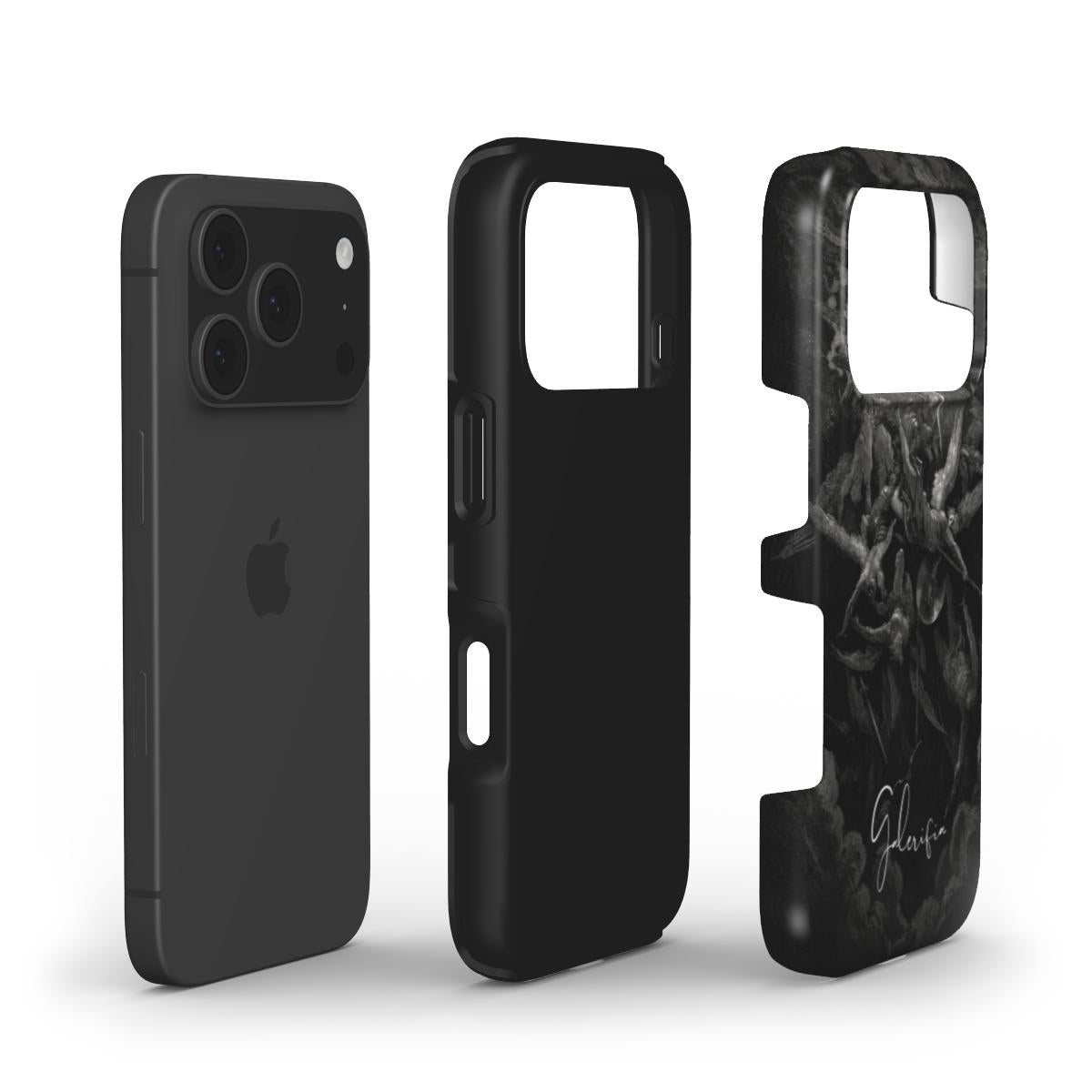 Exploded view of Galerifia tough iPhone case featuring The Fall of the Rebel Angels by Gustave Doré with dual layer protective construction.