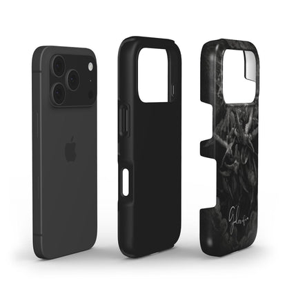 Exploded view of Galerifia tough iPhone case featuring The Fall of the Rebel Angels by Gustave Doré with dual layer protective construction.