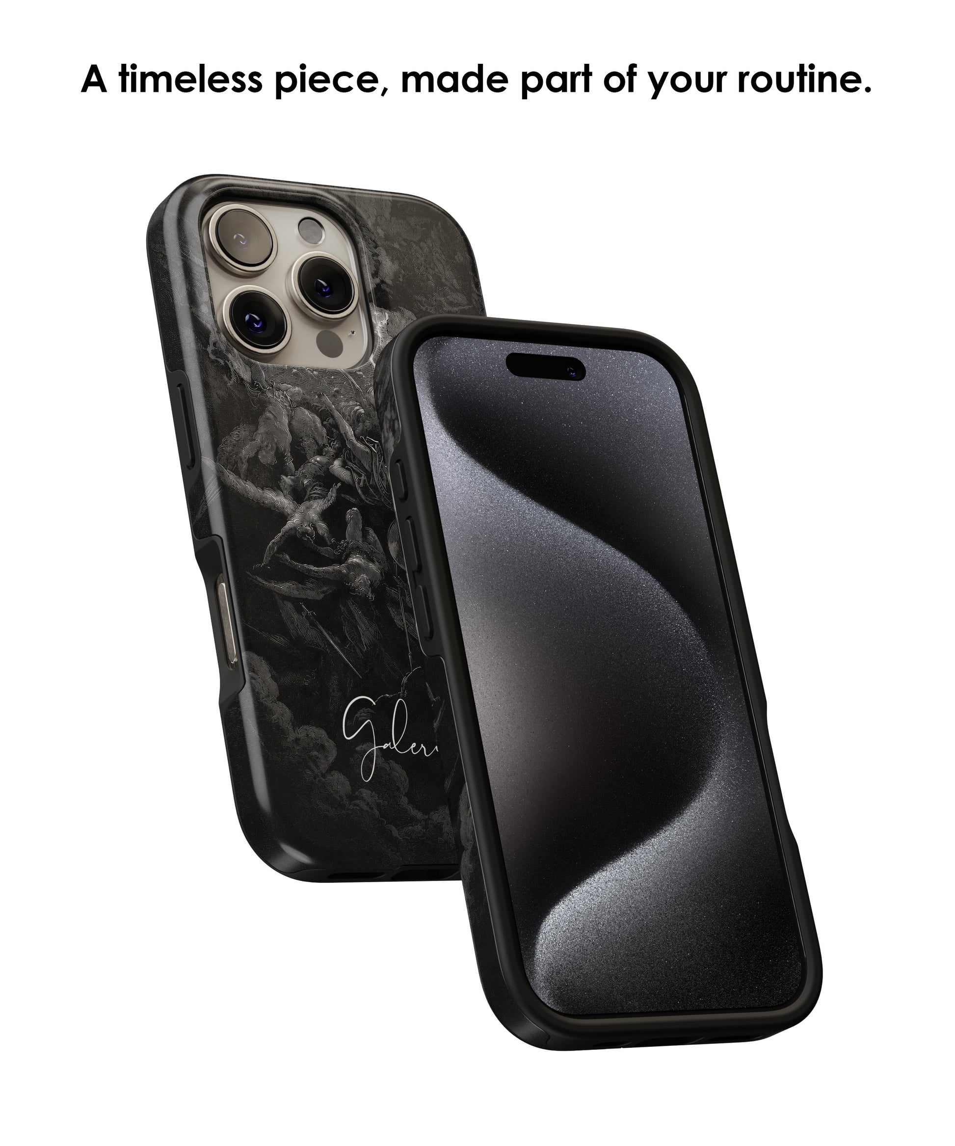 Lifestyle render of The Fall of the Rebel Angels by Gustave Doré premium iPhone case designed for everyday protection by Galerifia.