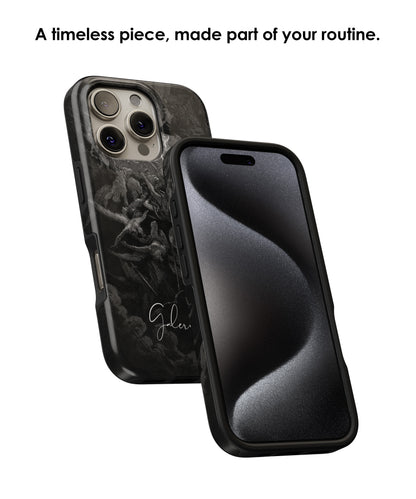 Lifestyle render of The Fall of the Rebel Angels by Gustave Doré premium iPhone case designed for everyday protection by Galerifia.