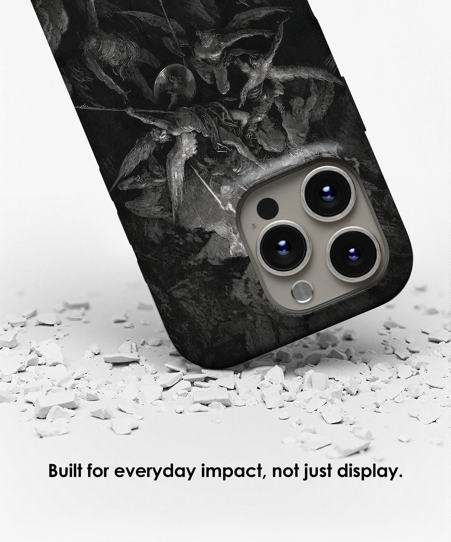 Protective tough iPhone case featuring The Fall of the Rebel Angels by Gustave Doré displayed with impact resistant design by Galerifia.