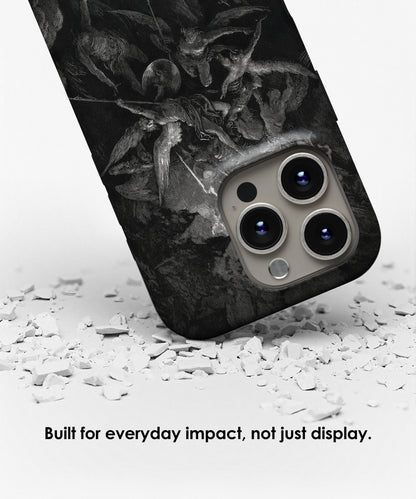 Protective tough iPhone case featuring The Fall of the Rebel Angels by Gustave Doré displayed with impact resistant design by Galerifia.
