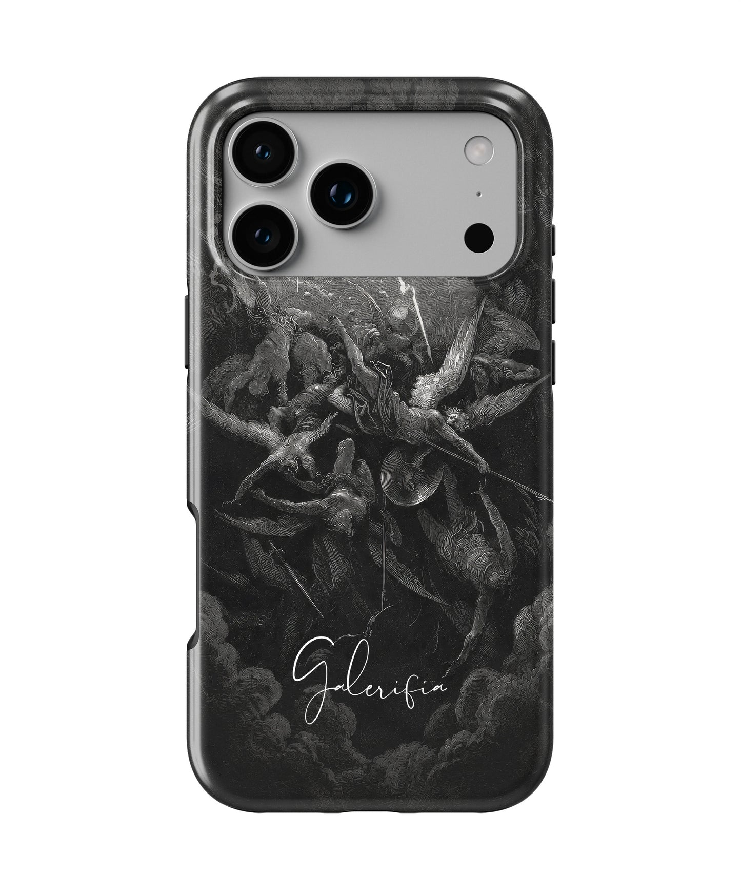 Front view of The Fall of the Rebel Angels by Gustave Doré fine art iPhone case featuring dramatic angel artwork by Galerifia.