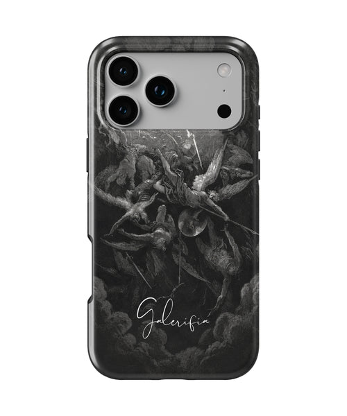 Front view of The Fall of the Rebel Angels by Gustave Doré fine art iPhone case featuring dramatic angel artwork by Galerifia.