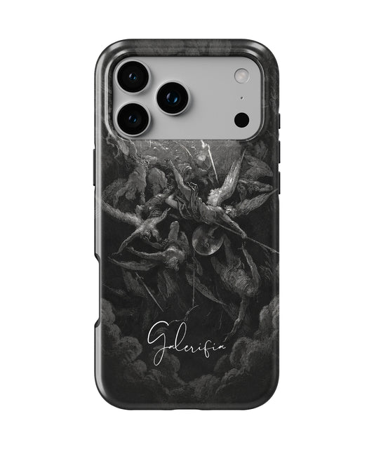 Front view of The Fall of the Rebel Angels by Gustave Doré fine art iPhone case featuring dramatic angel artwork by Galerifia.