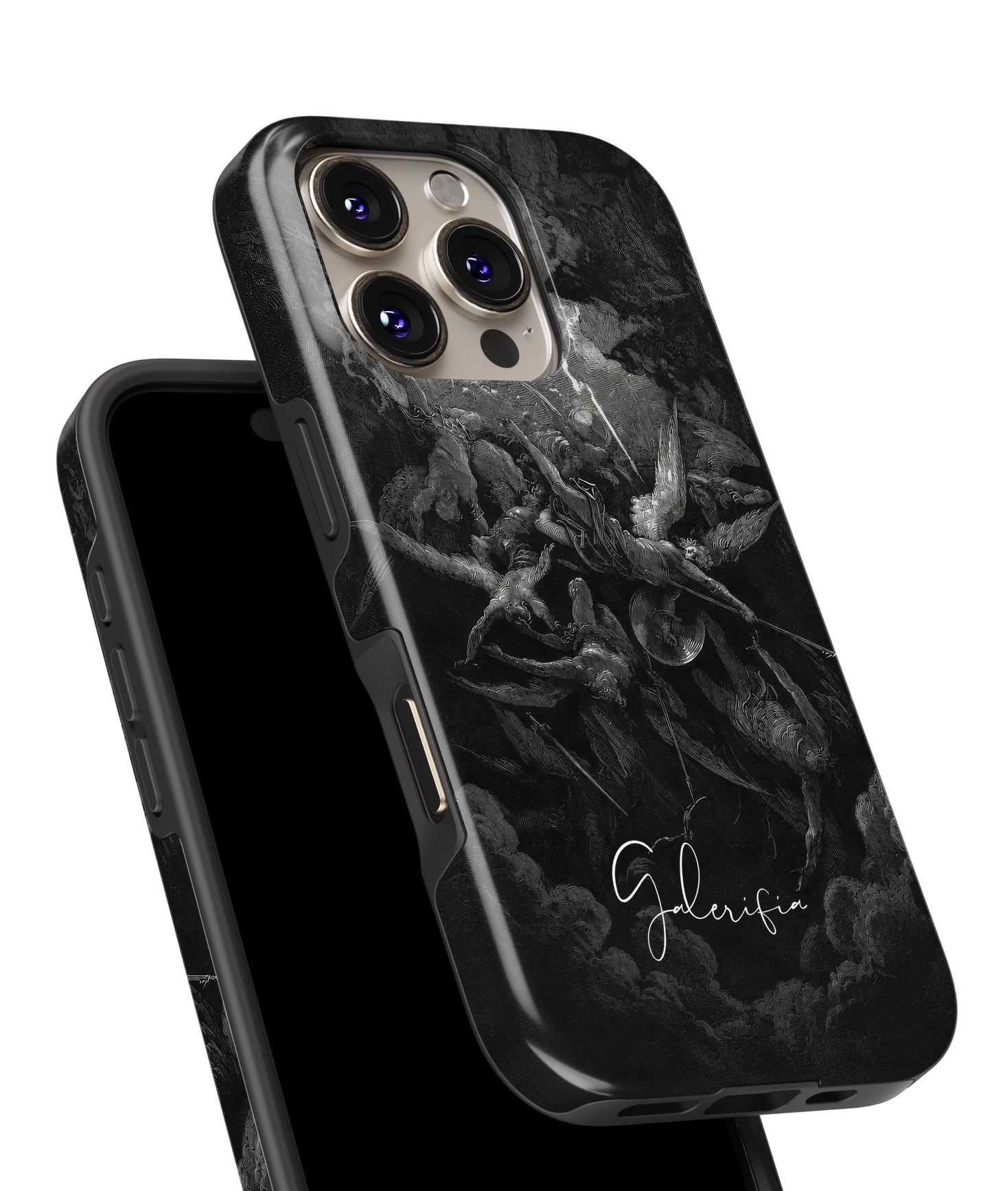 Glossy close-up of The Fall of the Rebel Angels by Gustave Doré art iPhone case showing dark engraving details by Galerifia.
