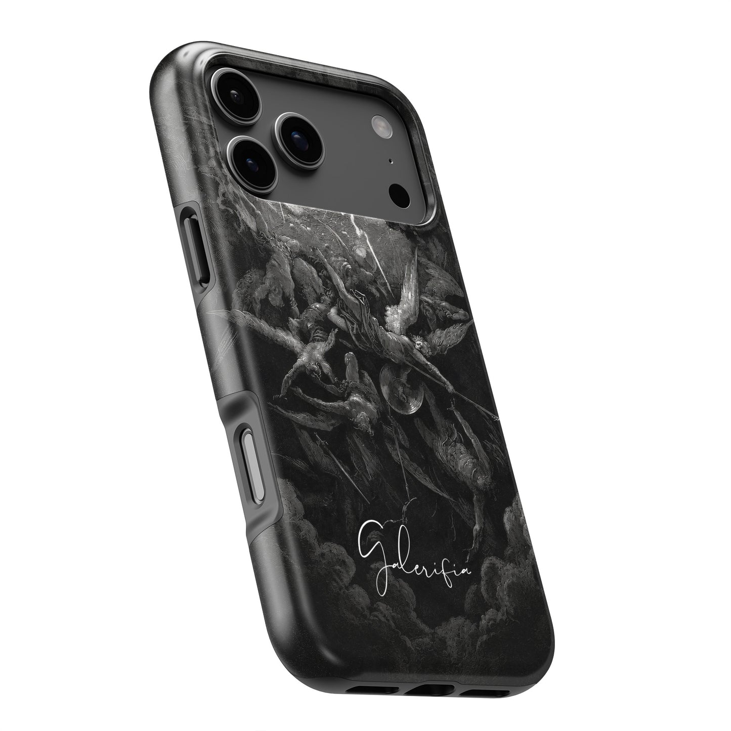 Side angle product render of The Fall of the Rebel Angels by Gustave Doré printed on a premium tough iPhone case by Galerifia.